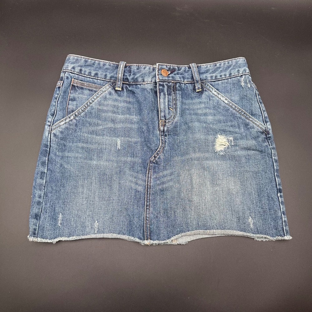 X2 Denim Laboratory Blue Denim Skirt Mini Distressed Raw Hem Size 4‎